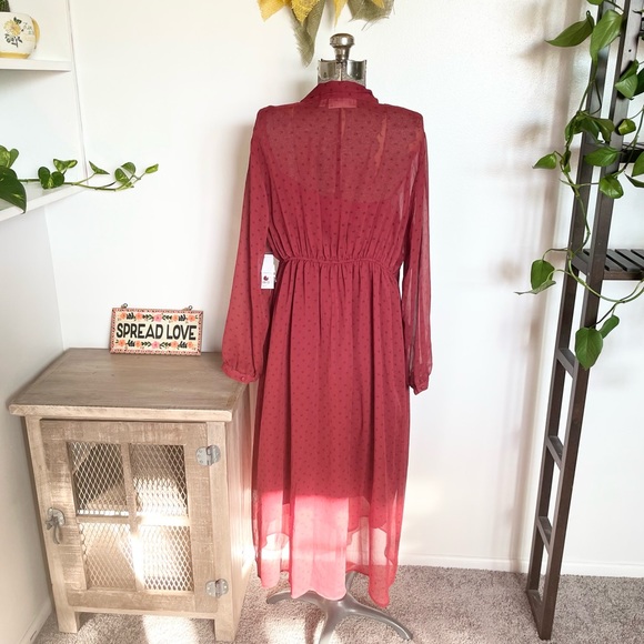 NWT burgundy red & black midi bohemian dress with sheer long sleeves - Picture 6 of 7